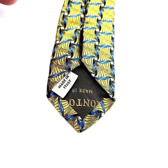 Pronto Uomo Yellow Blue Geometric Woven Italian Wide Silk Tie - Picture 4 of 6